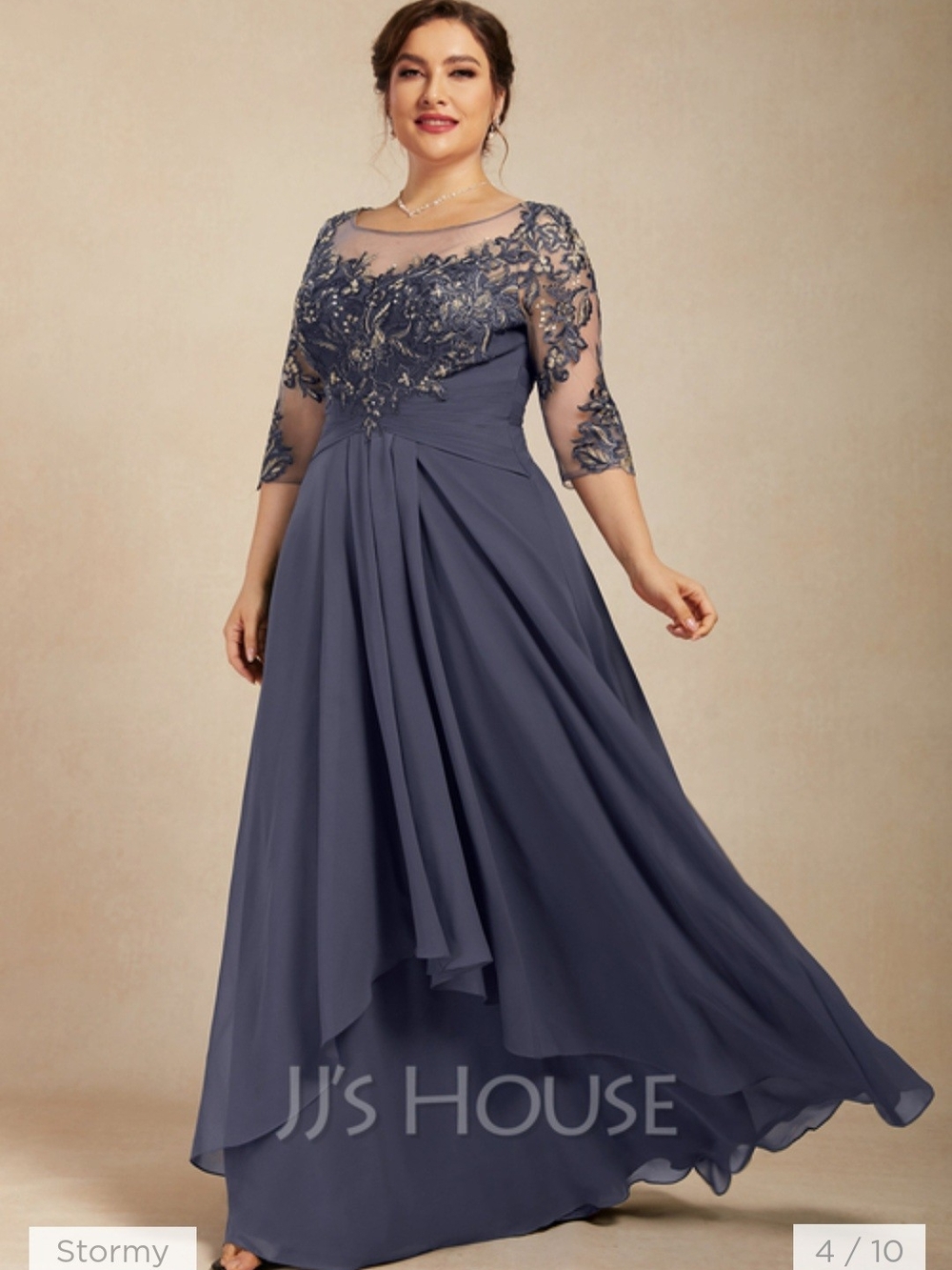 JJs House Stormy Blue Embroidered Chiffon Evening Gown